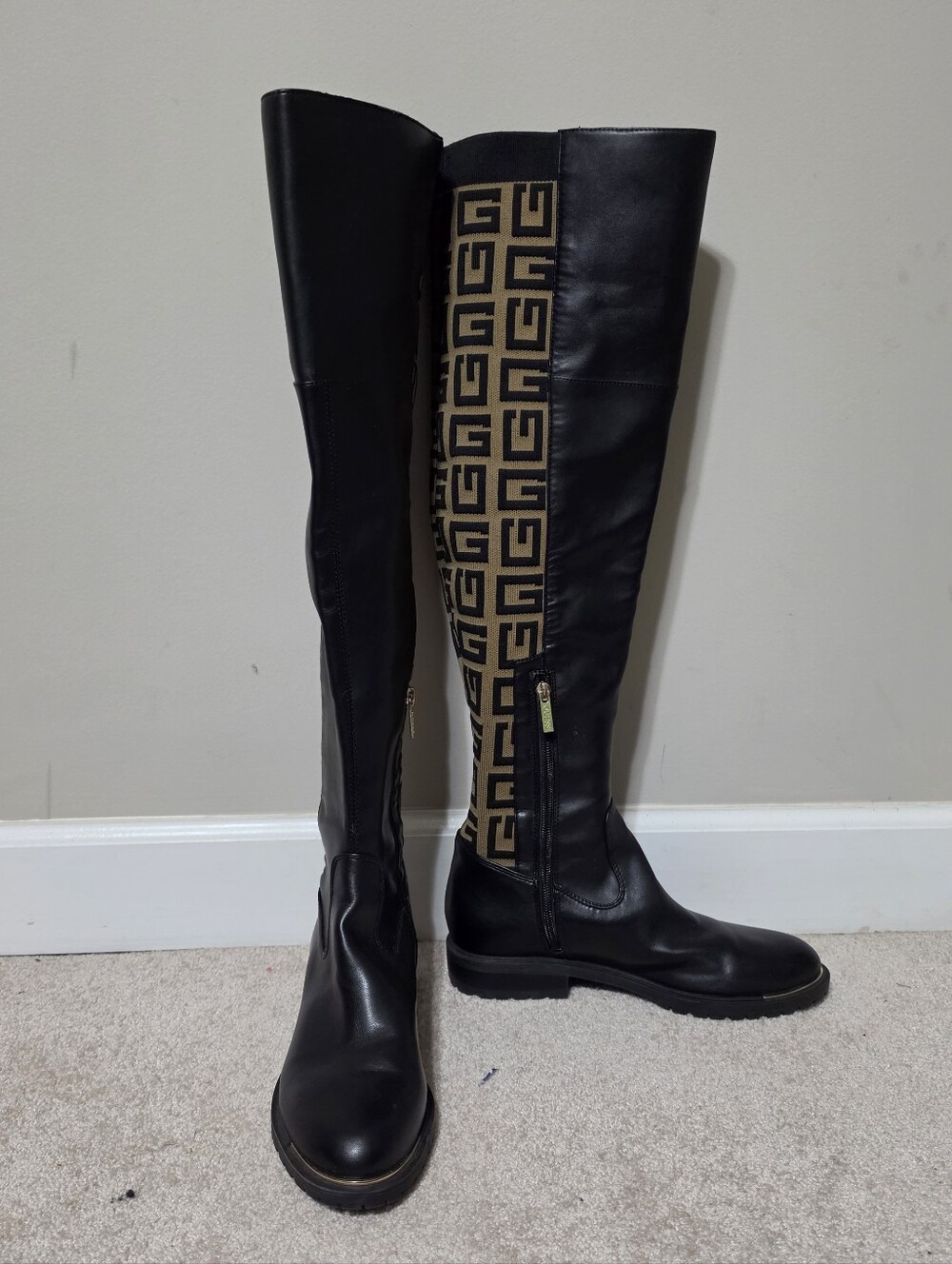 Guess Over the Knee Boots Black Tan Monogram Logo Size 9.5